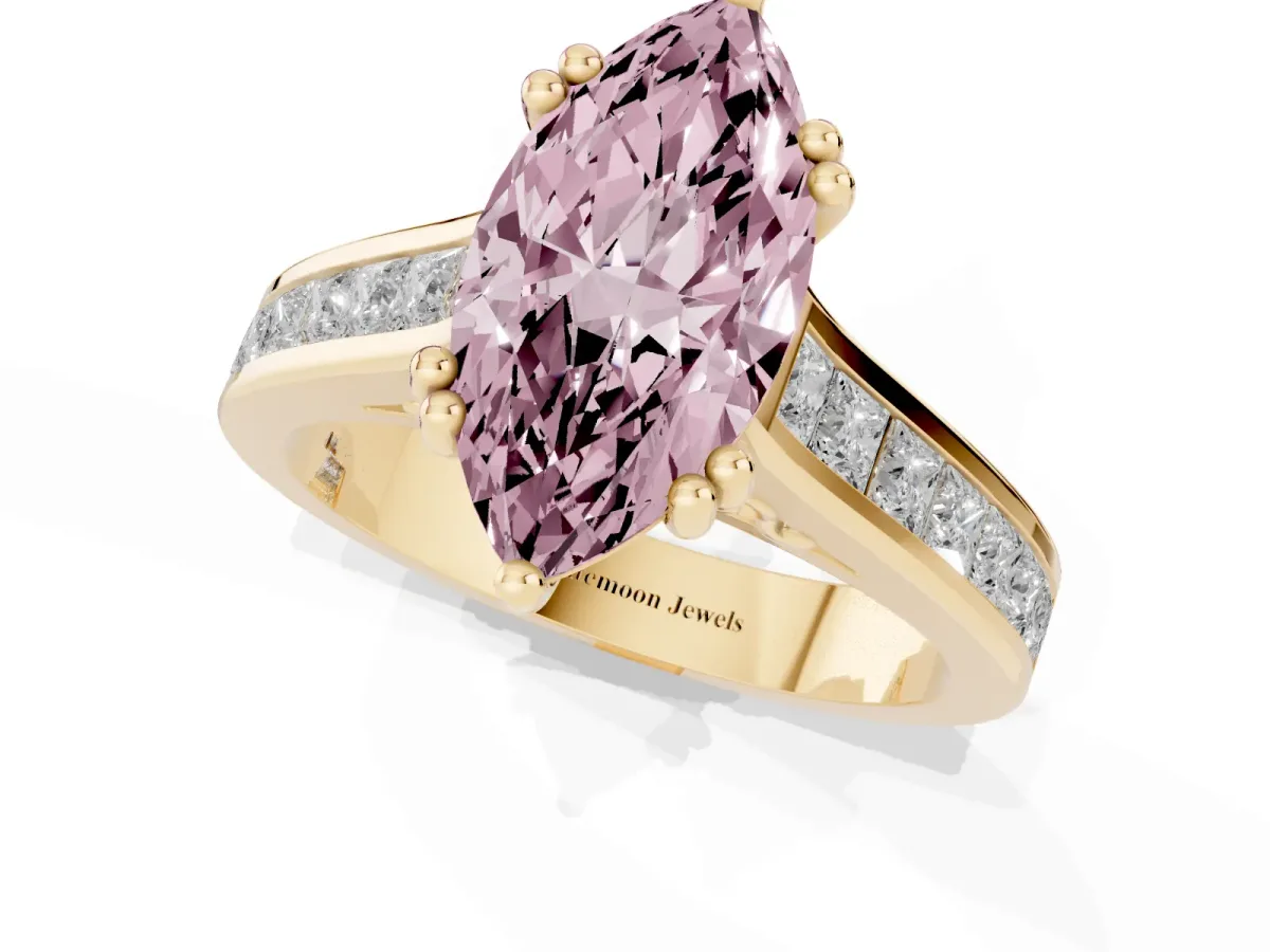 Fancy Pink Marquise Cut Cut Channel Set Solitaire Engagement Ring with Prong Setting Yellow gold