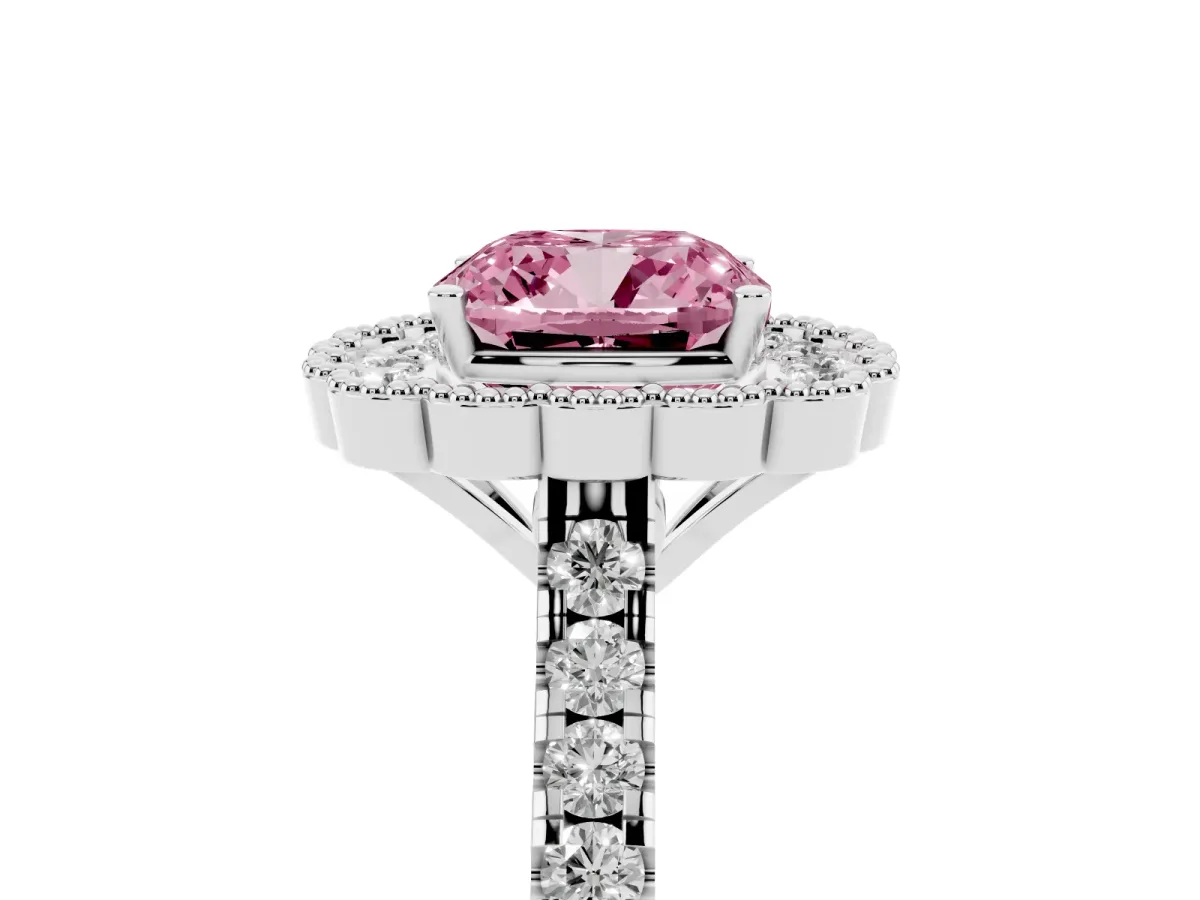 Fancy Pink Cushion Cut Cut Diamond Milgrain Floral Halo Engagement Ring with Pavé Band White gold