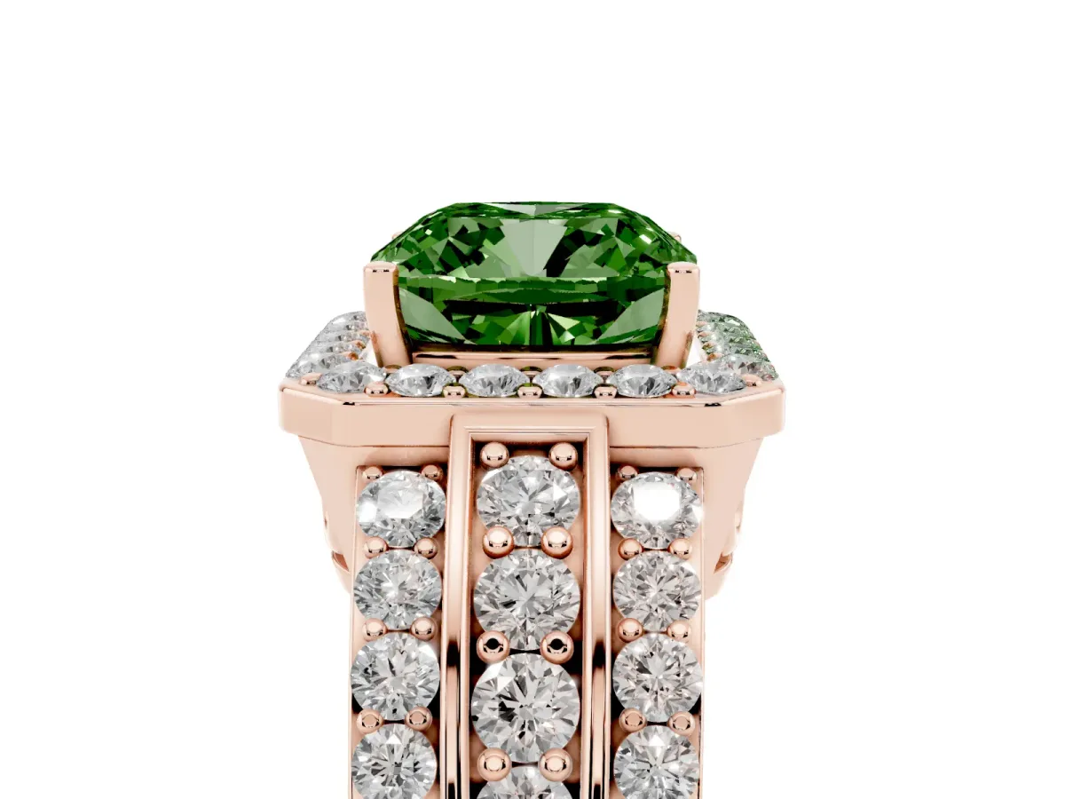 Fancy Green Cushion Cut Halo Diamond Ring with Round Split Shank and Prong Setting Rose gold