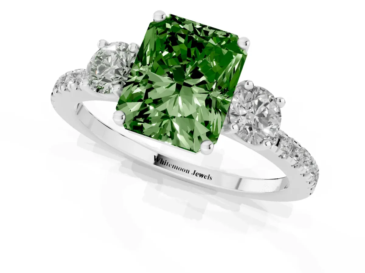 Fancy Green Three-Stone Radiant Cut Cut Diamond Pavé Band with Prong Setting Silver