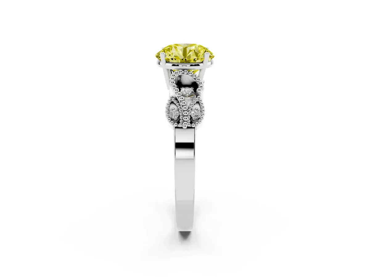 Fancy Yellow Round Cut Solitaire Milgrain Leaf Band with Prong Setting White gold