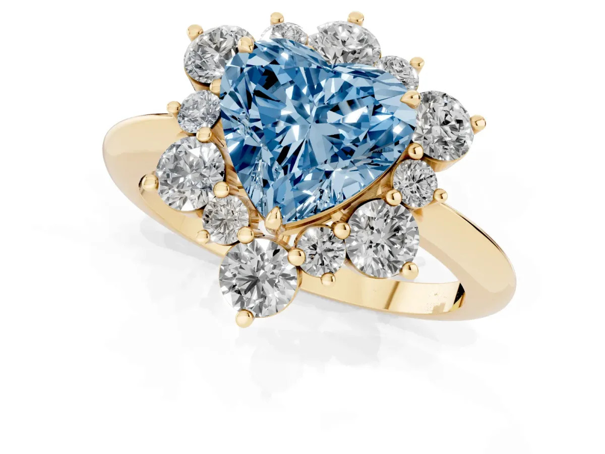 Fancy Blue Heart Cut Diamond Cluster Halo Ring with Solitaire Band and Four-Prong Setting Yellow gold