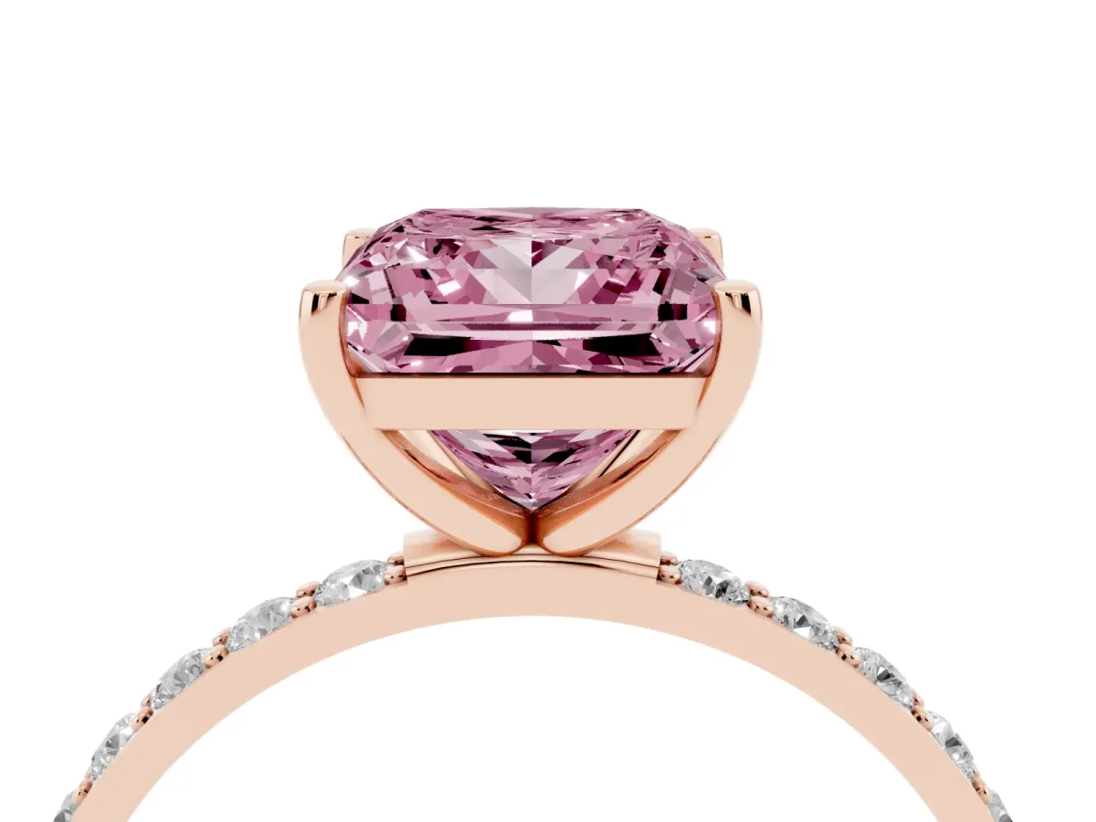 Fancy Pink Princess Cut Diamond Solitaire Ring with Round Pavé Shoulders and Prong Setting Rose gold