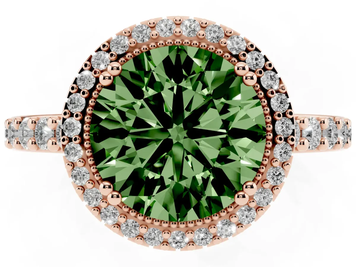 Fancy Green Round Cut Cut Diamond Halo Engagement Ring with Milgrain Detail and Pavé Band Rose gold