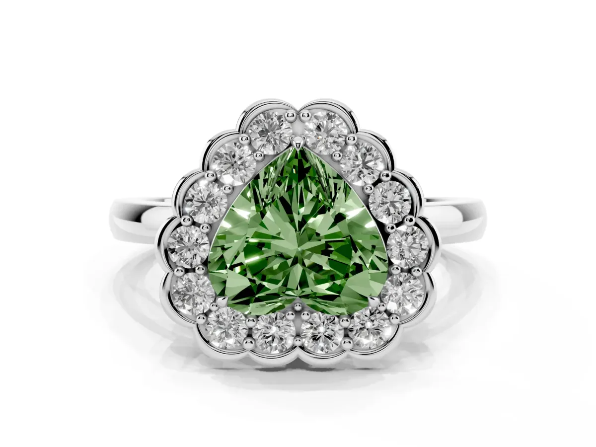 Fancy Green Heart Cut Halo Cluster Diamond Engagement Ring with Solitaire Band and Prong Setting Silver