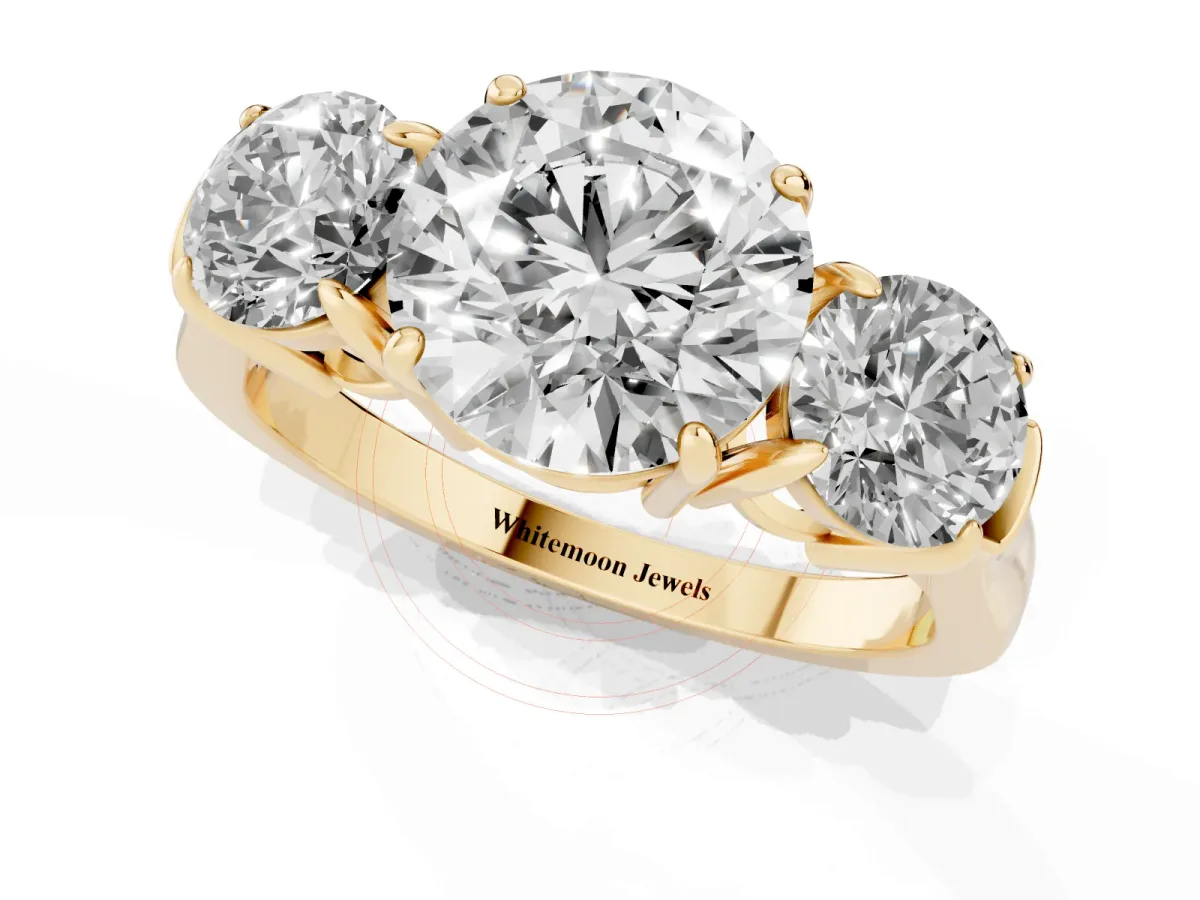 Three-Stone Round Cut Cut Diamond Ring with Round Accent Stones, Prong Setting, and Classic Band Yellow gold
