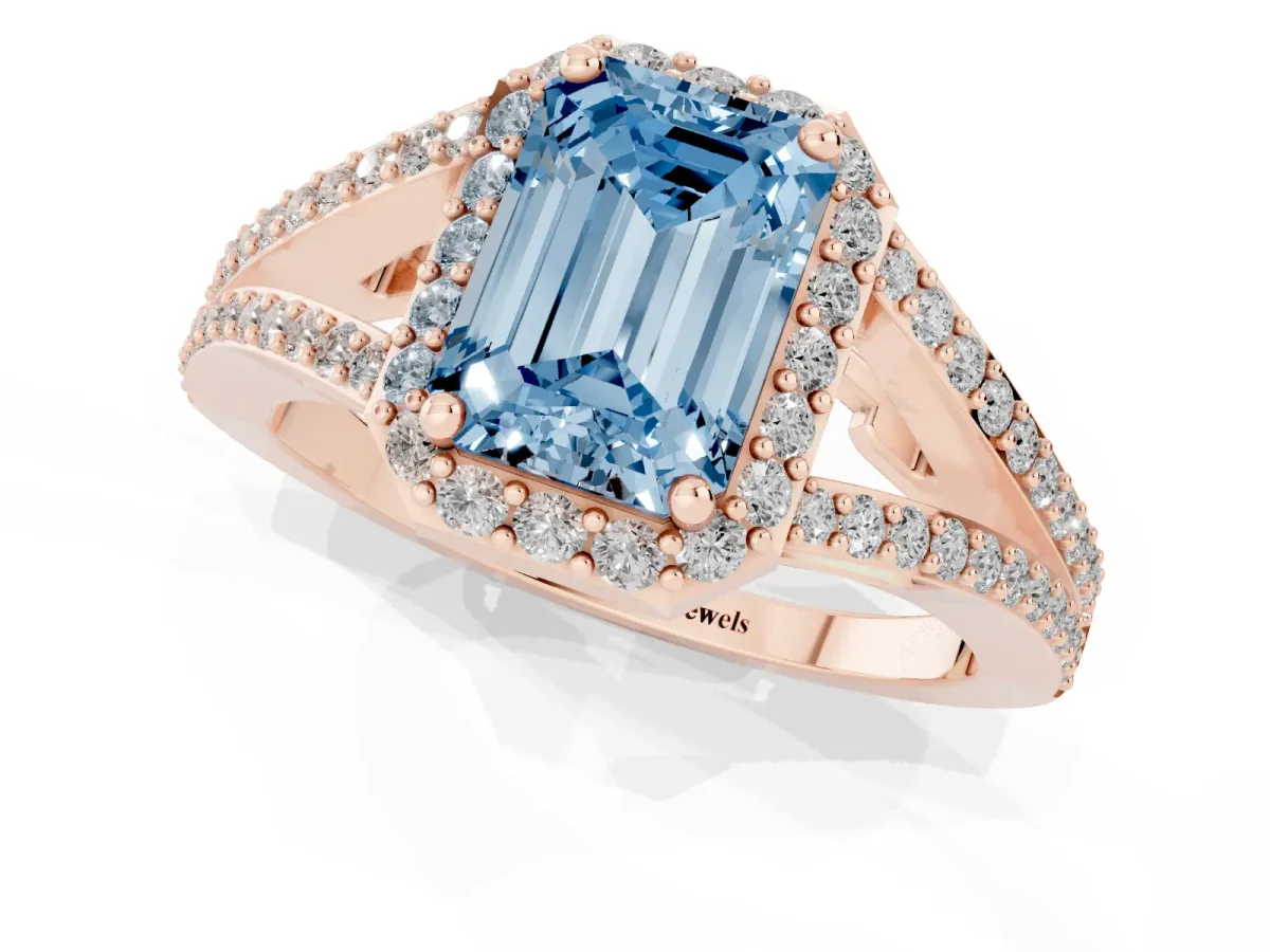 Fancy Blue Emerald Cut Halo Split Shank Pave Diamond Ring with Four-Prong Setting Rose gold