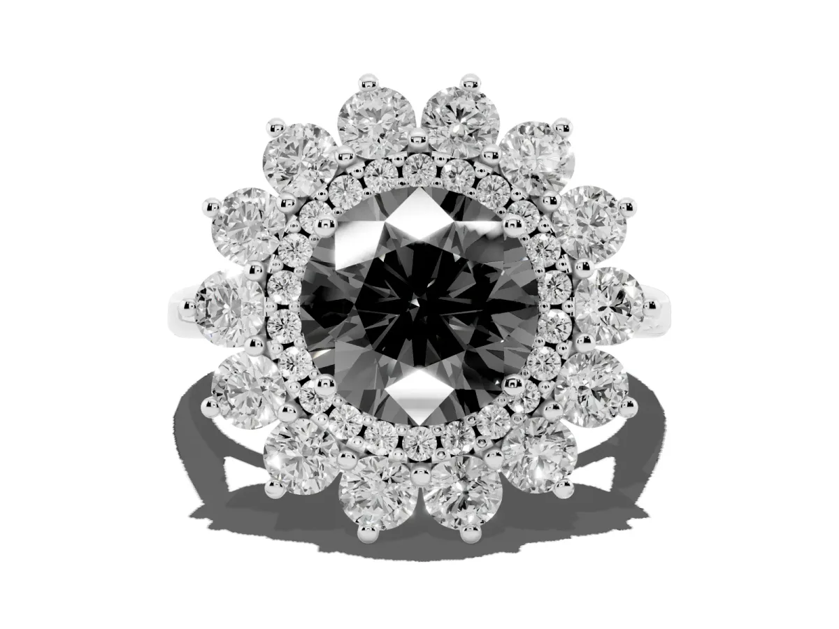 Fancy Black Round Cut Diamond Floral Double Halo Engagement Ring with Prong Setting Platinum