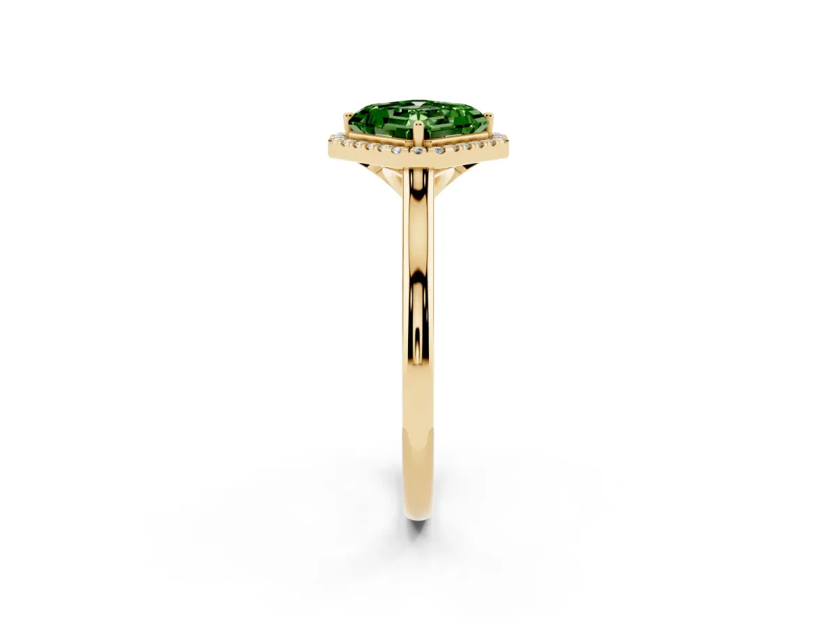 Fancy Green Asscher Cut Halo Round Diamond Solitaire Engagement Ring with Pave Band and Four-Prong Setting Yellow gold