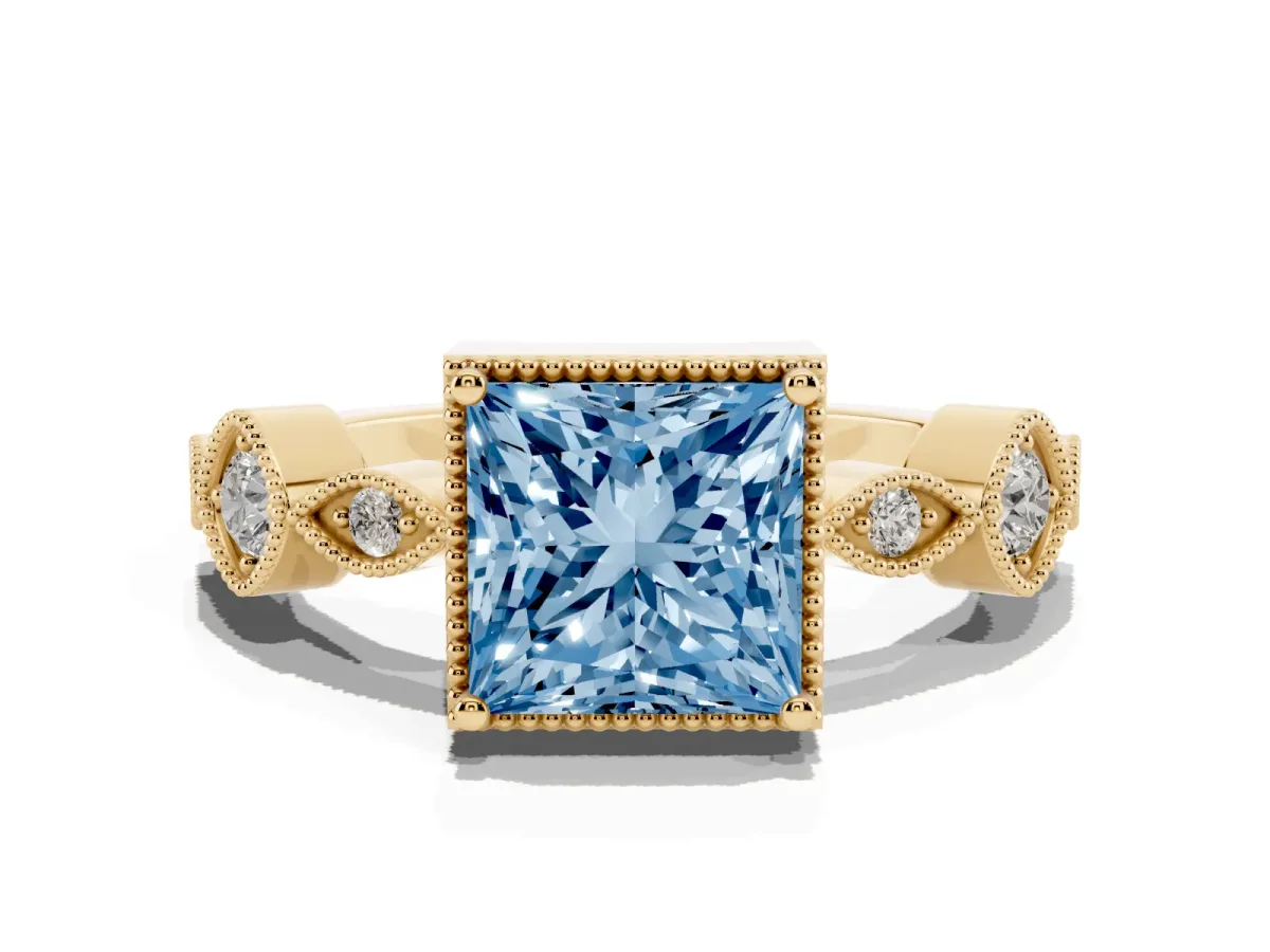 Fancy Blue Princess Cut Diamond Vintage Milgrain Ring with Round Stations Yellow gold
