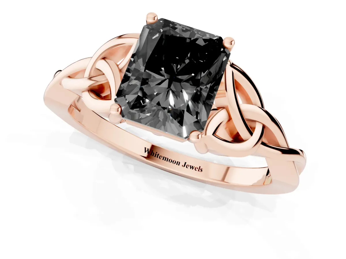 Fancy Black Radiant Cut Diamond Solitaire Engagement Ring with Celtic Knot Band and Four-Prong Setting Rose gold