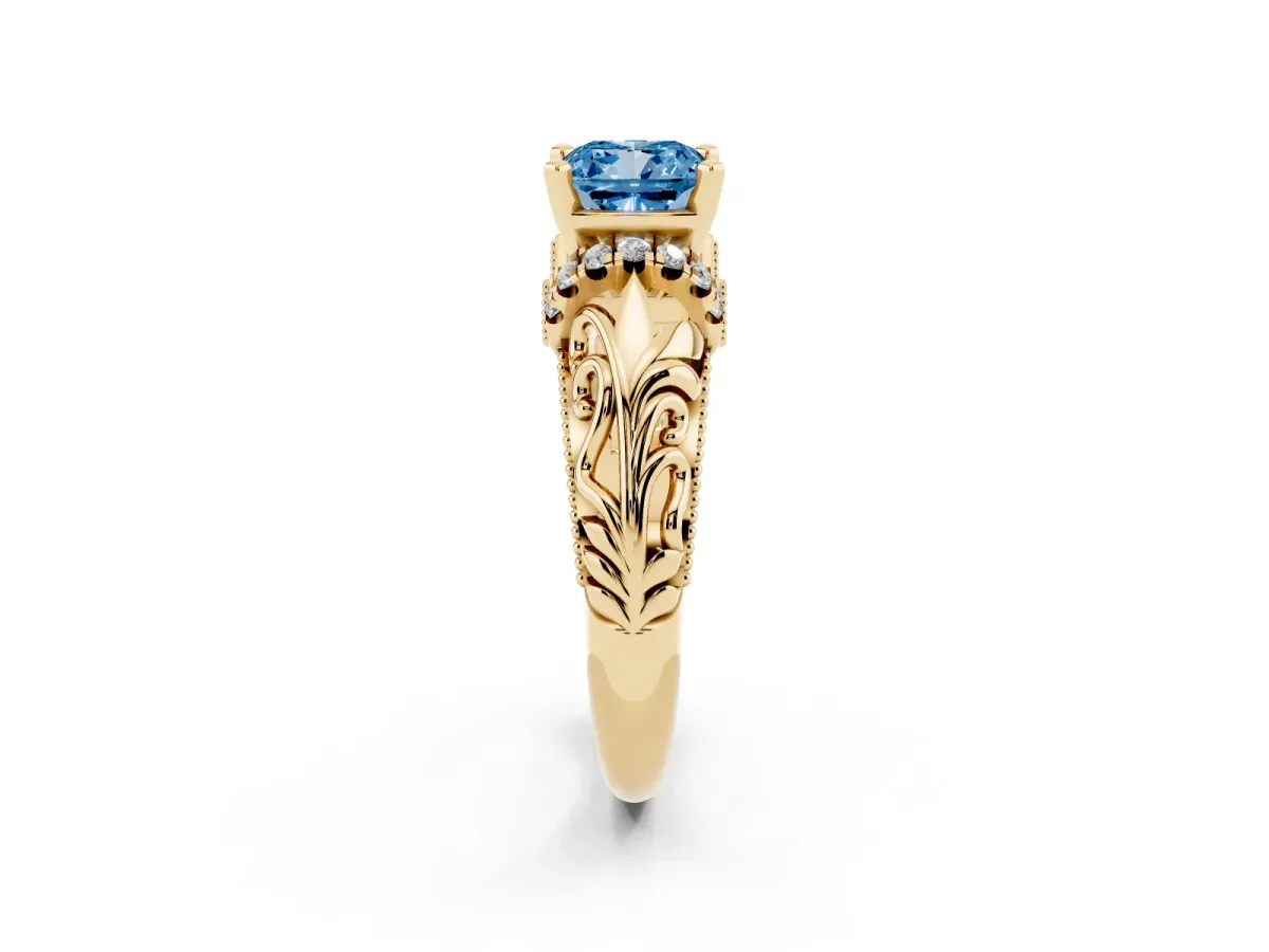 Fancy Blue Cushion Cut Solitaire Filigree Engagement Ring with Halo and Prong Setting Yellow gold