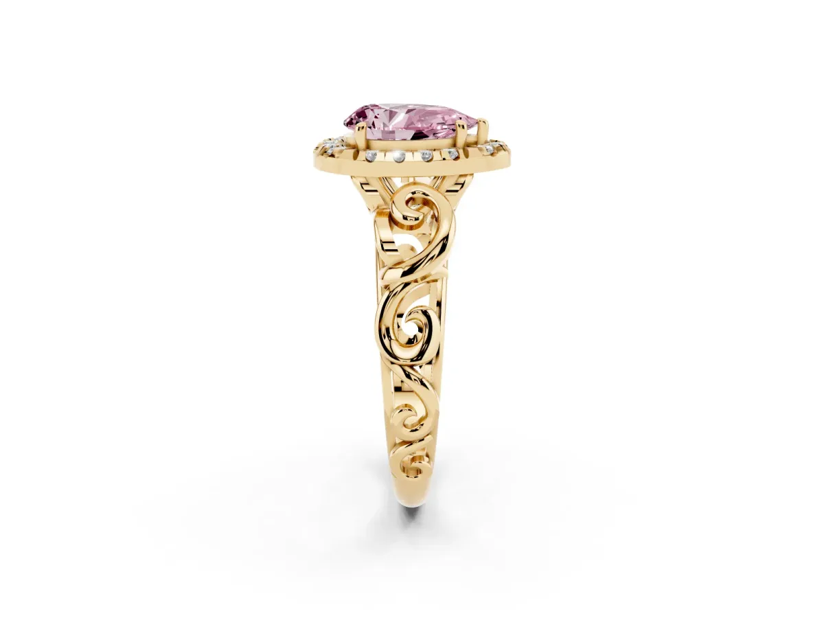 Fancy Pink Pear Cut Cut Halo Diamond Ring with Scrollwork Band and Four-Prong Setting Yellow gold