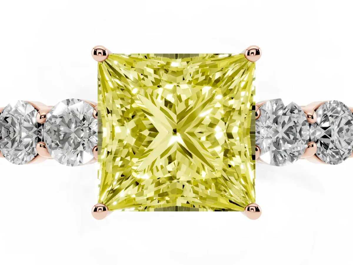 Fancy Yellow Princess Cut Cut Diamond Five-Stone Prong Set White Gold Ring Rose gold