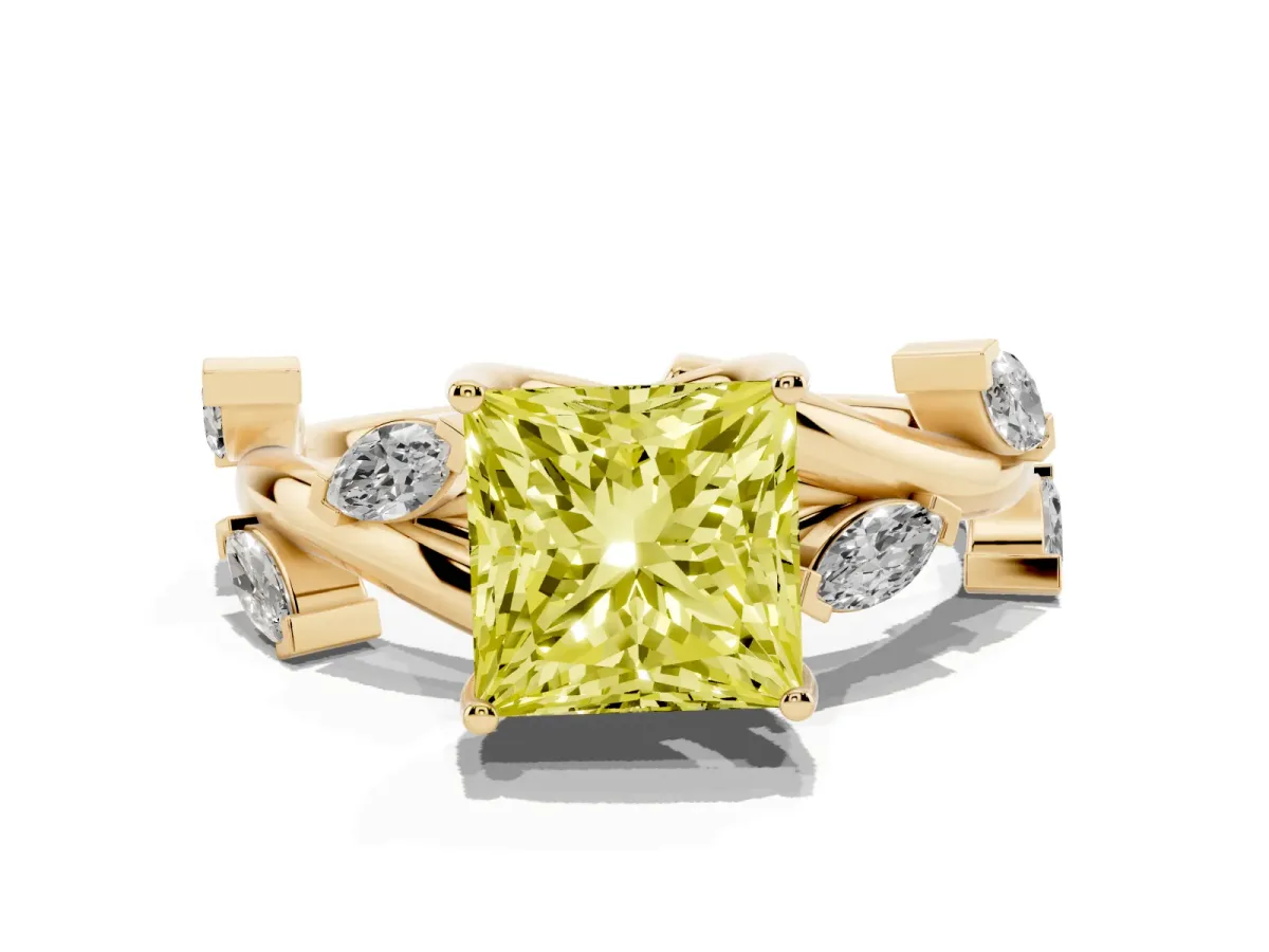 Fancy Yellow Princess Cut Solitaire Twisted Band Marquise Accent Prong Setting Ring Yellow gold