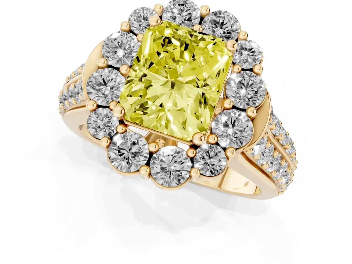 Fancy Yellow Radiant Cut Halo Diamond Engagement Ring with Split Shank and Prong Setting Yellow gold