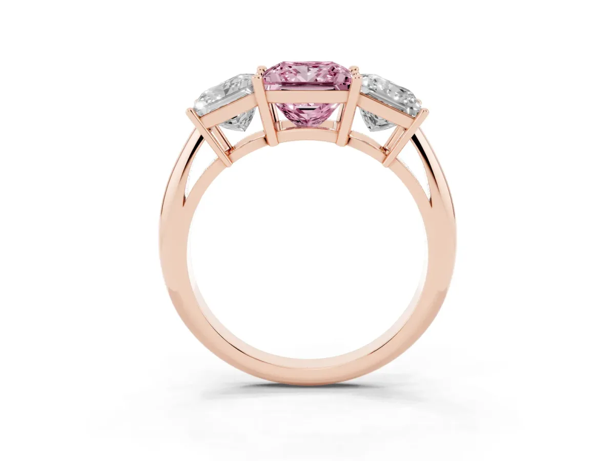 Fancy Pink Three-Stone Princess Cut Cut Diamond Engagement Ring with Prong Setting on a White Gold Band Rose gold