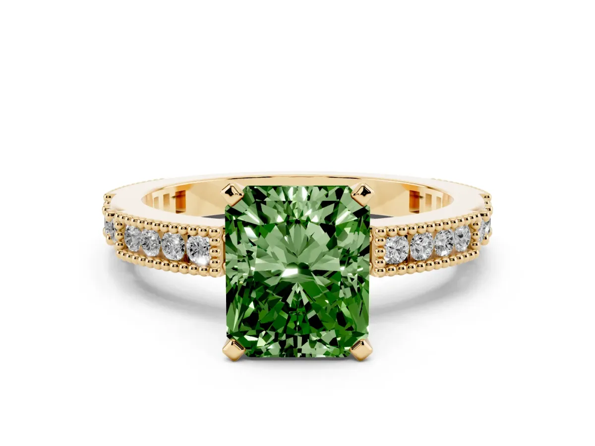 Fancy Green Radiant Cut Solitaire with Pavé Band and Four-Prong Setting Yellow gold