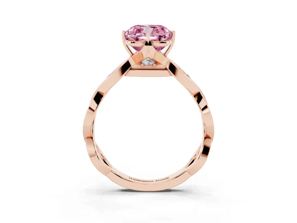 Fancy Pink Cushion Cut Solitaire Twist Band with Leaf Prong Setting Rose gold