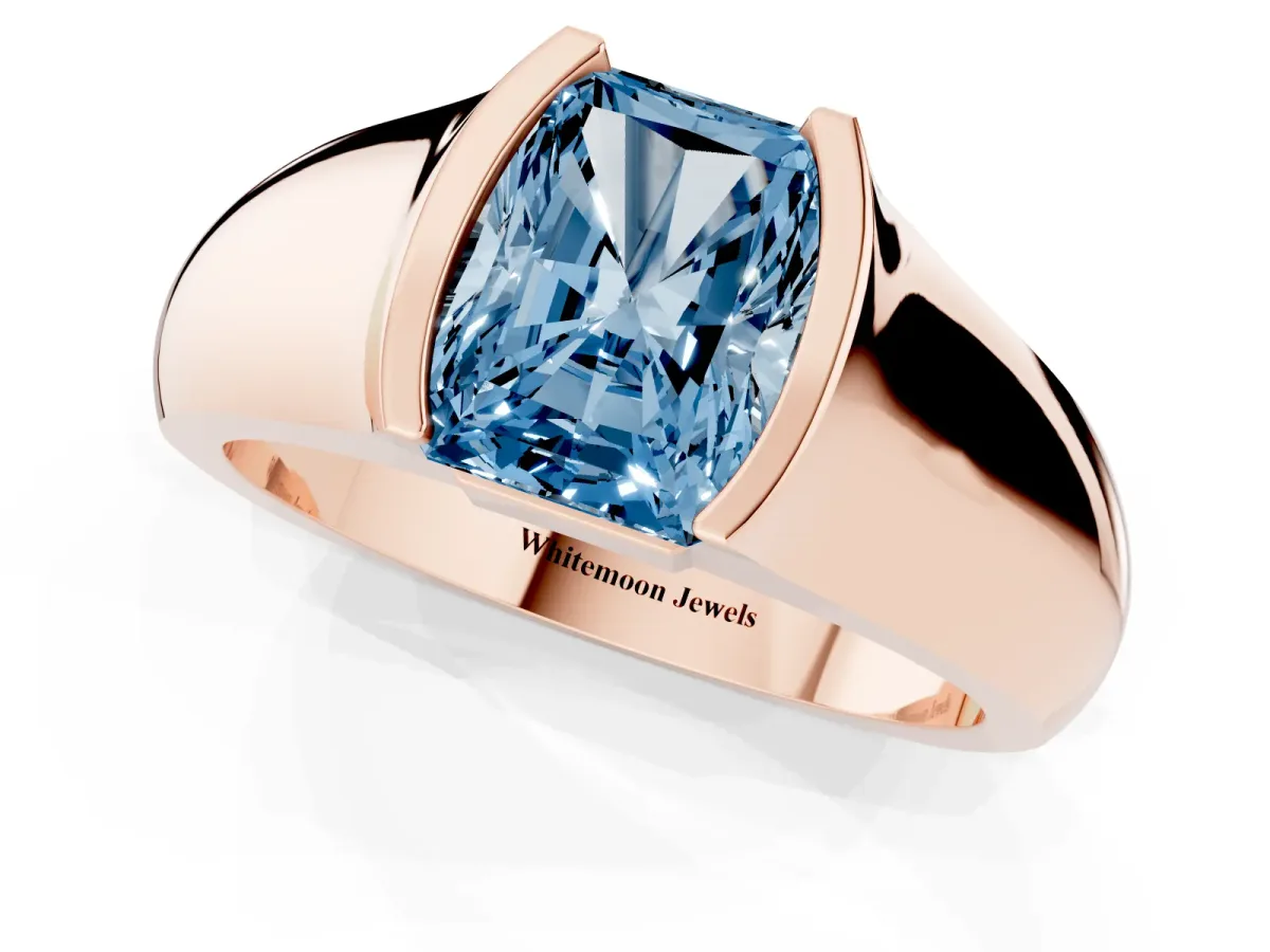 Fancy Blue Radiant Cut Solitaire Bezel Set Diamond Ring with Wide Band Rose gold
