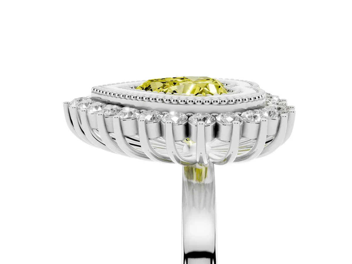 Fancy Yellow Heart Cut Halo Diamond Ring with Milgrain Edge and Round Prong Setting Silver