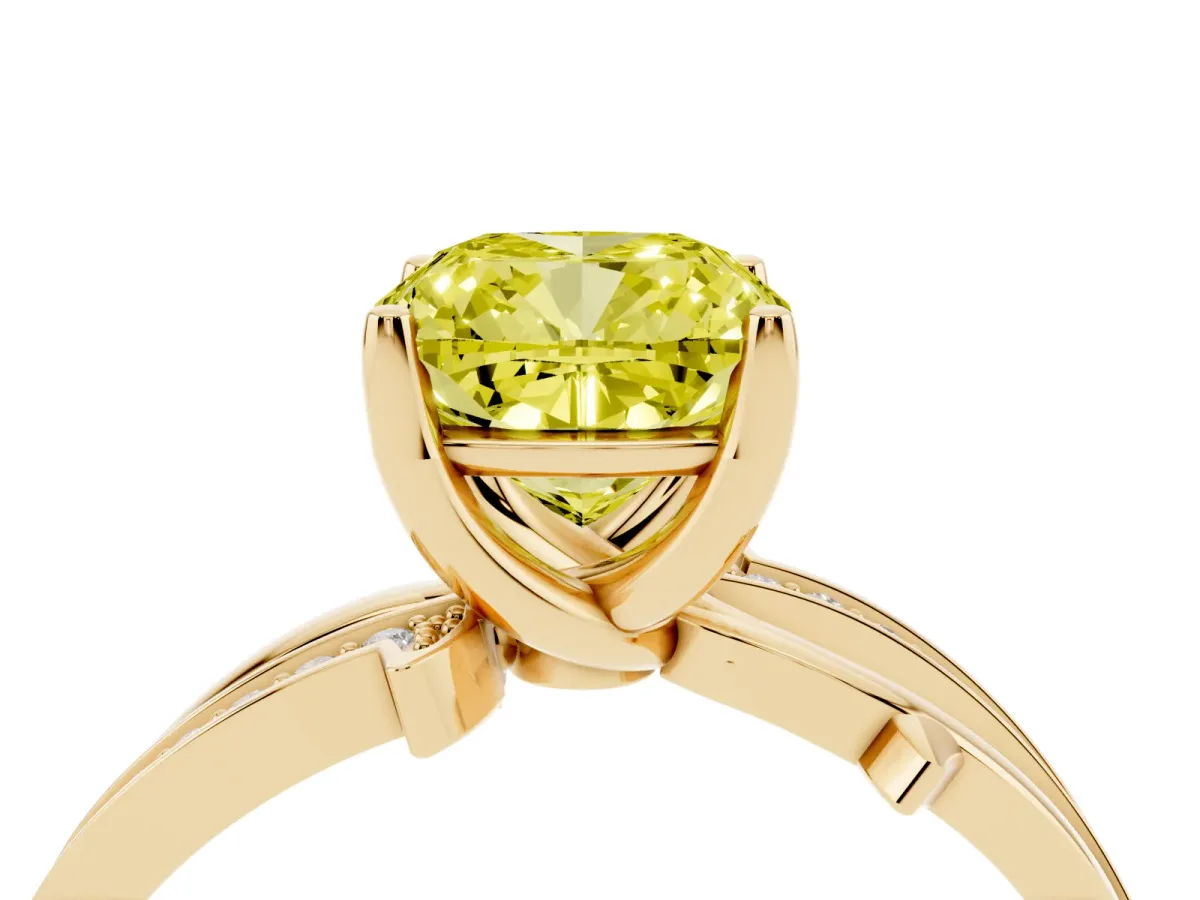 Fancy Yellow Cushion Cut Solitaire Twist Band with Pavé Accents and Four-Prong Setting Yellow gold