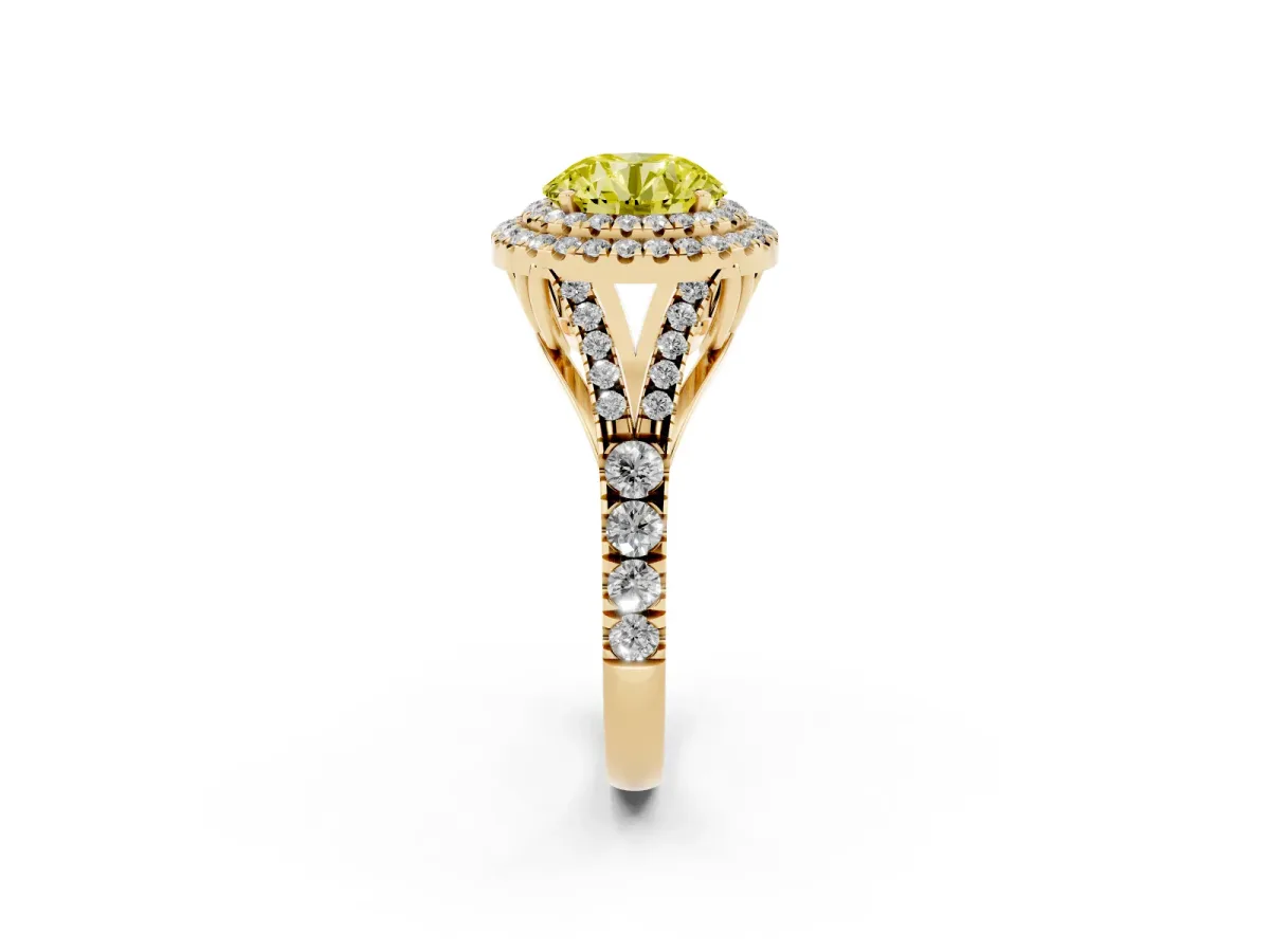 Fancy Yellow Round Cut Diamond Pavé Split Shank Double Halo Engagement Ring Yellow gold