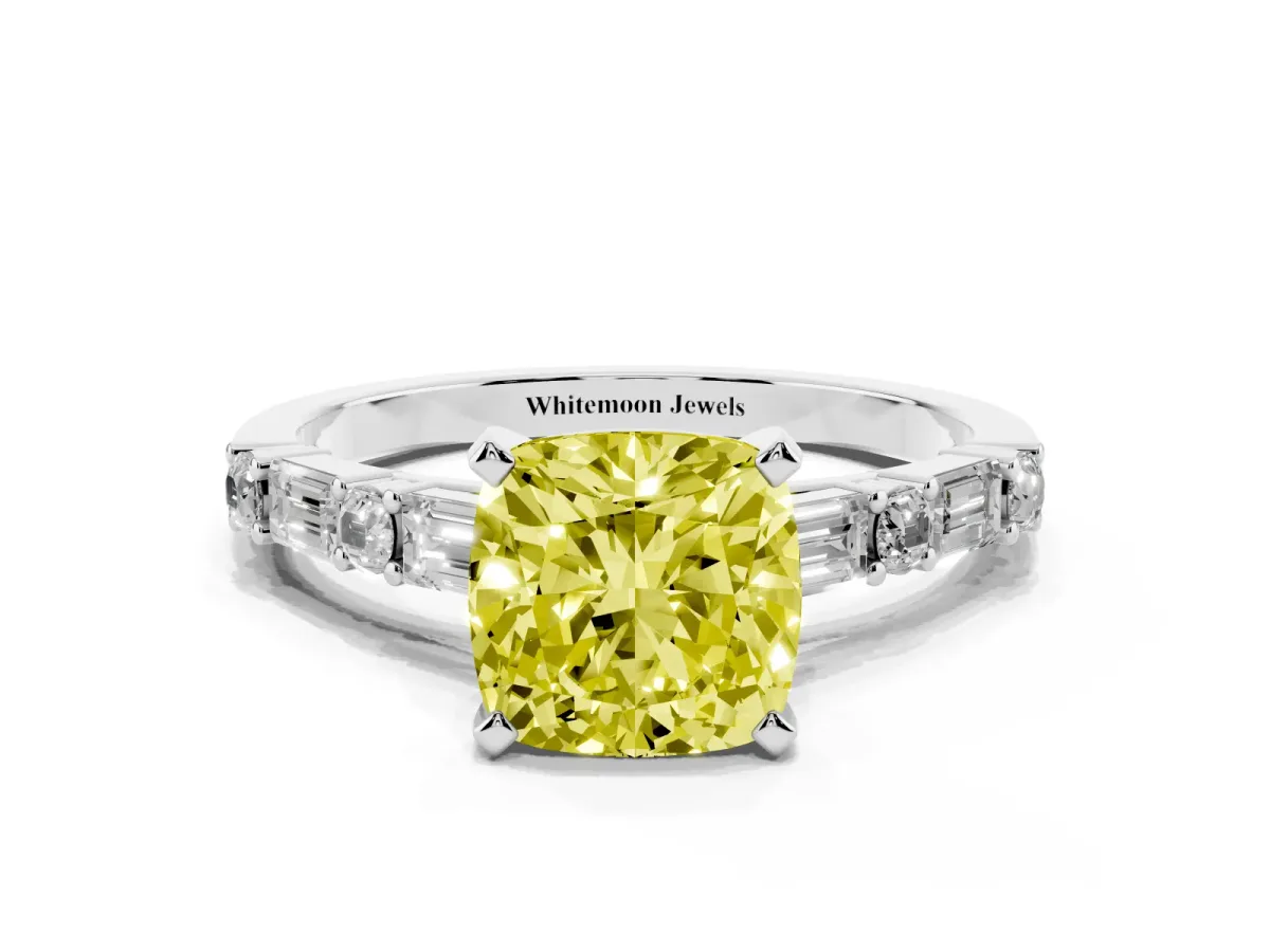 Fancy Yellow Cushion Cut Diamond Solitaire with Side Baguettes and Channel Set Band White gold