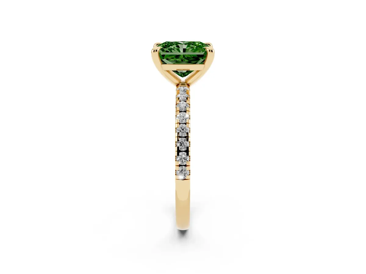 Fancy Green Radiant Cut Diamond Brilliant Solitaire Ring with Pavé Band and Four-Prong Setting Yellow gold