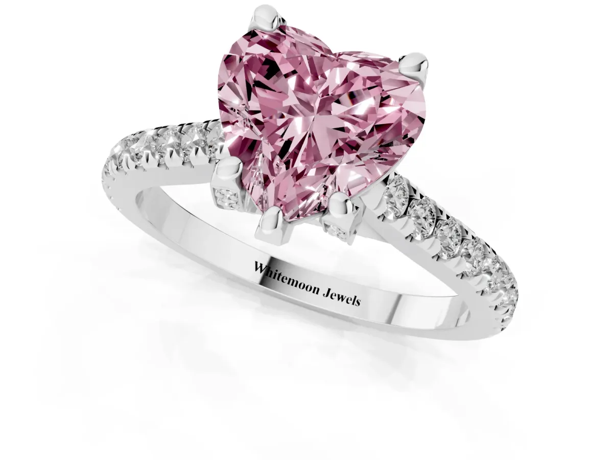 Fancy Pink Heart Cut Brilliant Diamond Solitaire with Pavé Band and Four-Prong Setting Platinum