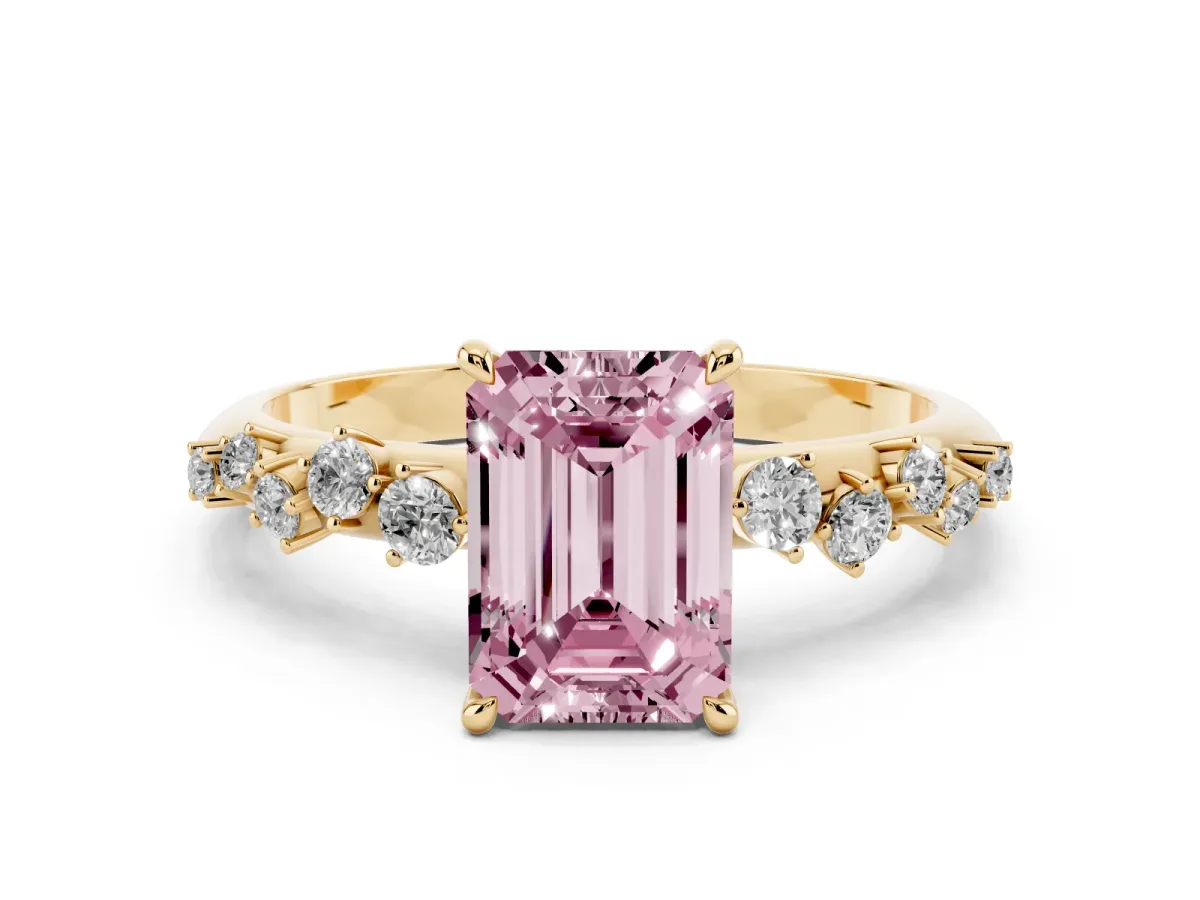 Fancy Pink Emerald Cut Diamond Cluster Side Stone Solitaire Ring with Prong Setting Yellow gold