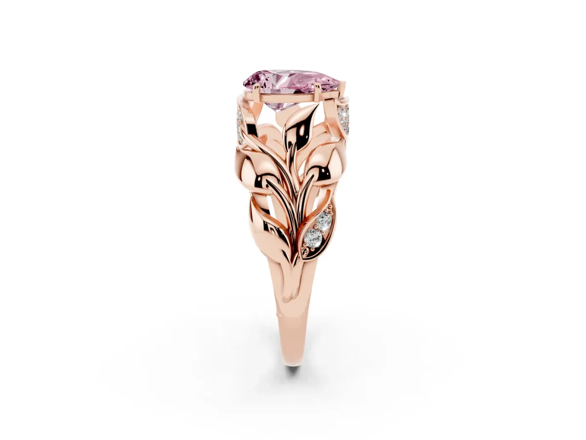 Fancy Pink Pear Cut Diamond Leaf-Inspired Engagement Ring with Round Accents and Prong Setting Rose gold