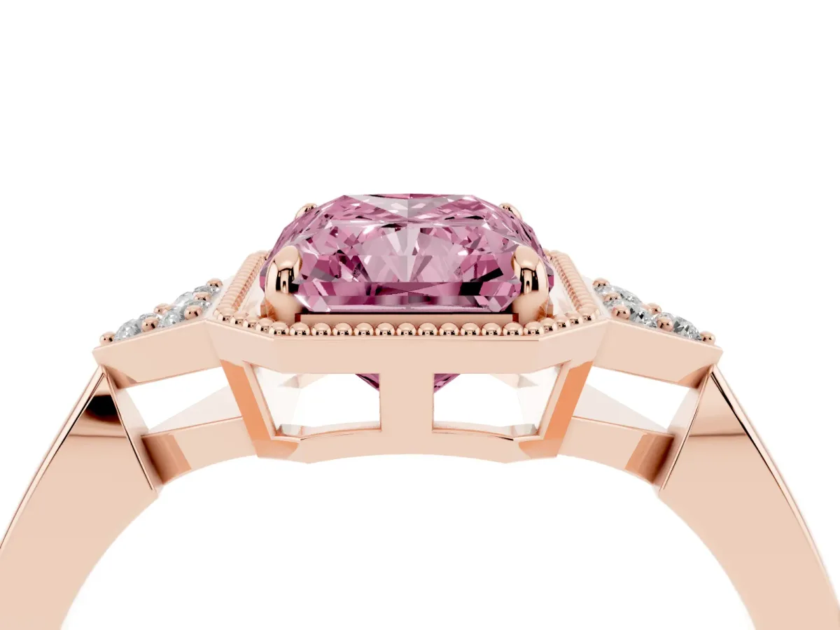 Fancy Pink Hexagonal Halo Radiant Cut Diamond Solitaire with Pavé Band and Four-Prong Setting Rose gold