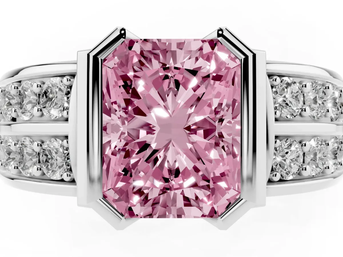 Fancy Pink Radiant Cut Brilliant Diamond Channel Set Wide Band Ring with Bezel Setting Silver