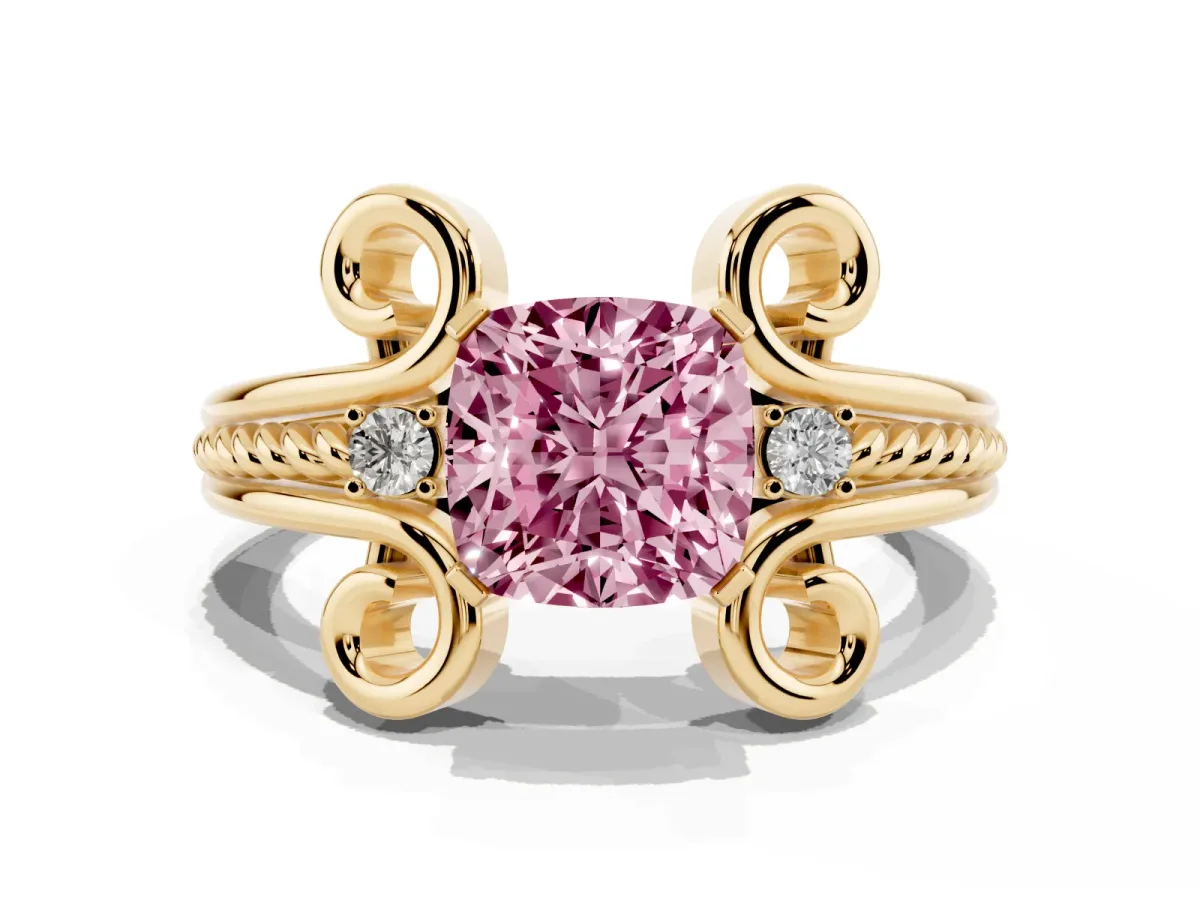 Fancy Pink Cushion Cut Solitaire Twisted Band Scroll Prong Ring Yellow gold