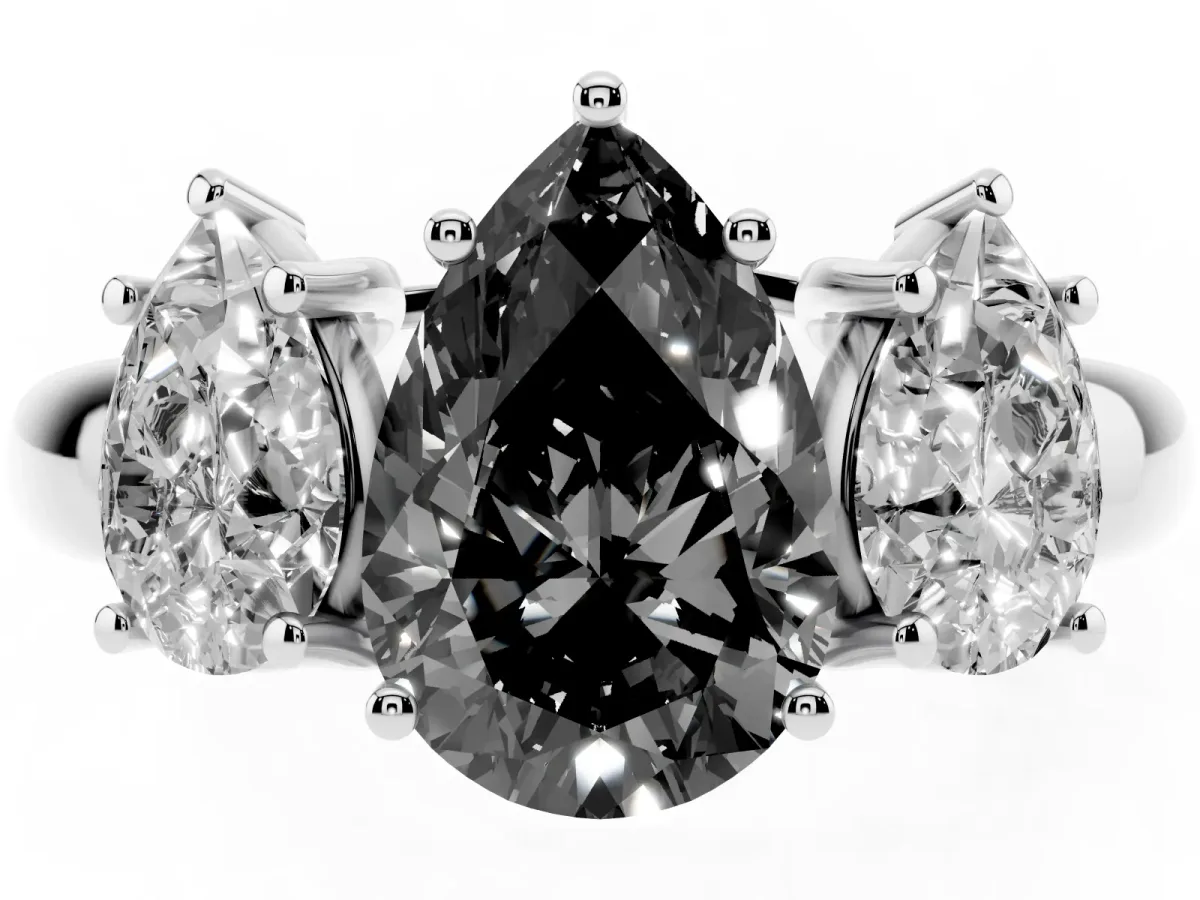 Fancy Black Three-Stone Pear Cut Diamond Engagement Ring with Prong Setting Platinum