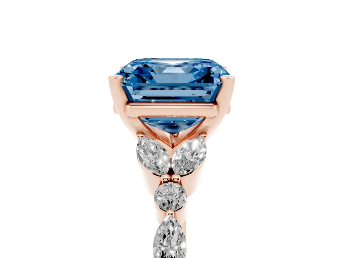 Fancy Blue Asscher Cut Diamond Solitaire Ring with Side Stones and Four-Prong Setting Rose gold