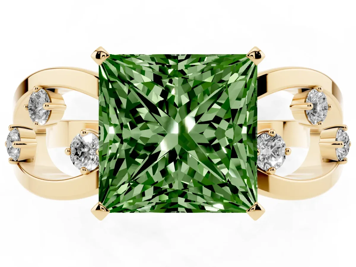Fancy Green Princess Cut Cut Solitaire Diamond with Side Stones on Criss-Cross Band and Four-Prong Setting Yellow gold