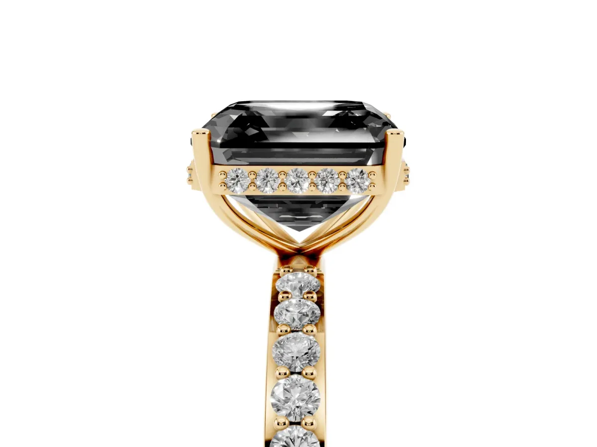 Fancy Black Asscher Cut Diamond Solitaire Ring with Pavé Band and Hidden Halo Yellow gold