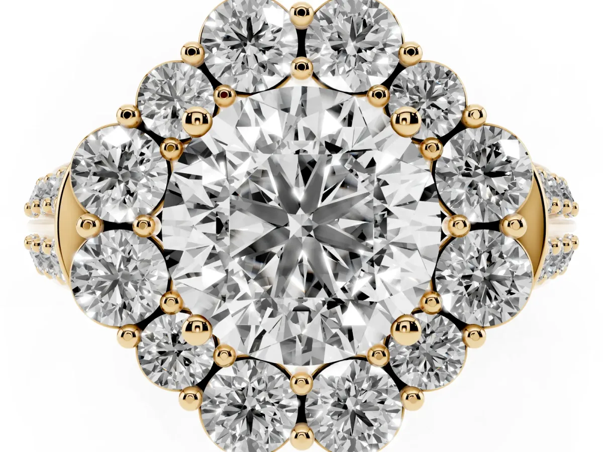 Round Cut Halo Diamond Engagement Ring with Split Shank and Prong Setting Yellow gold