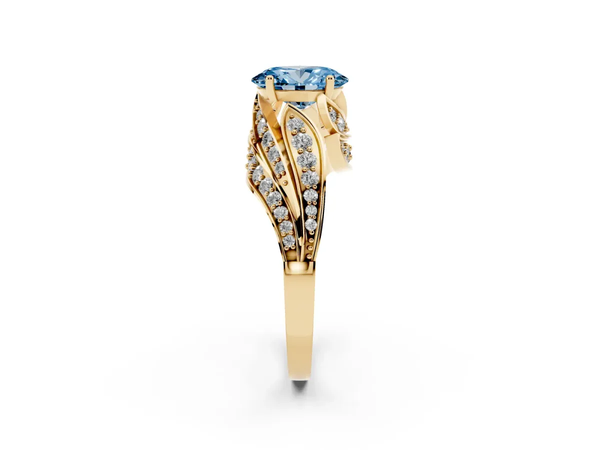 Fancy Blue Oval Cut Diamond Solitaire Ring with Prong Setting and Twisted Pavé Band Yellow gold