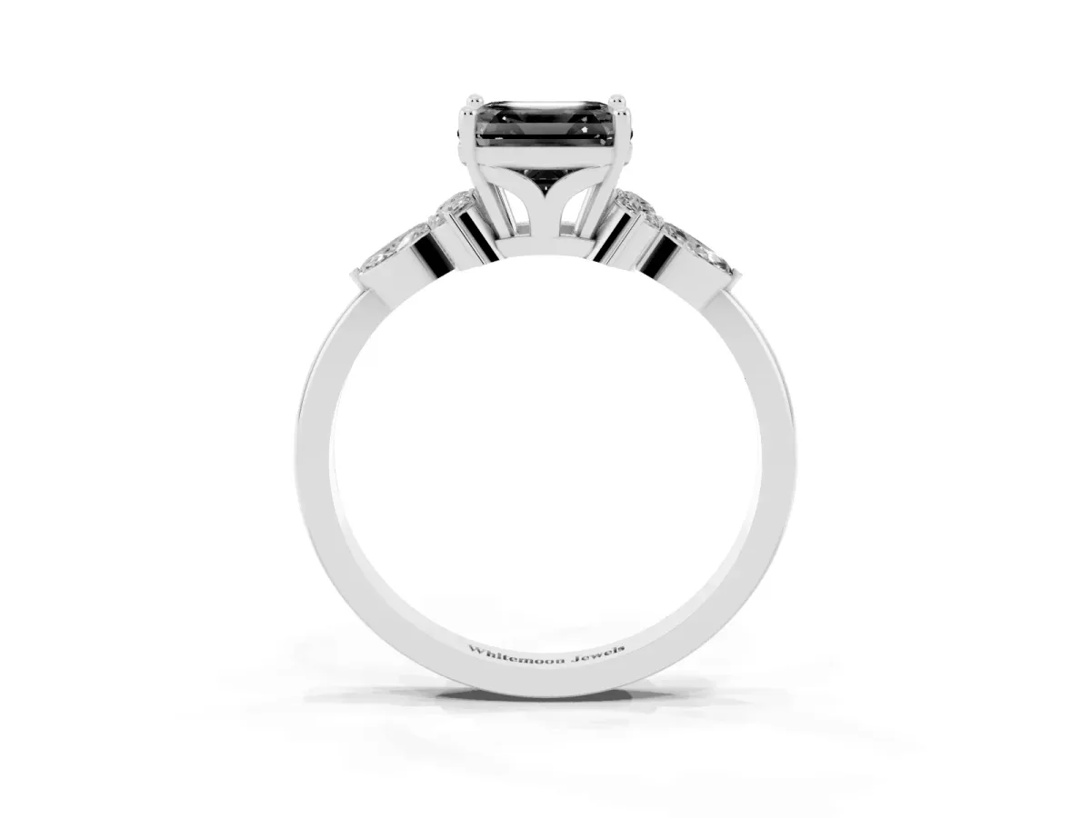 Fancy Black Asscher Cut Brilliant Diamond Solitaire Ring with Pear Side Stones and Four-Prong Setting Silver