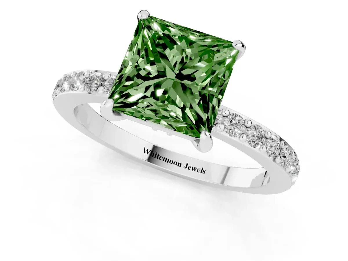 Fancy Green Princess Cut Diamond Pavé Engagement Ring with Round Accents and Prong Setting Platinum