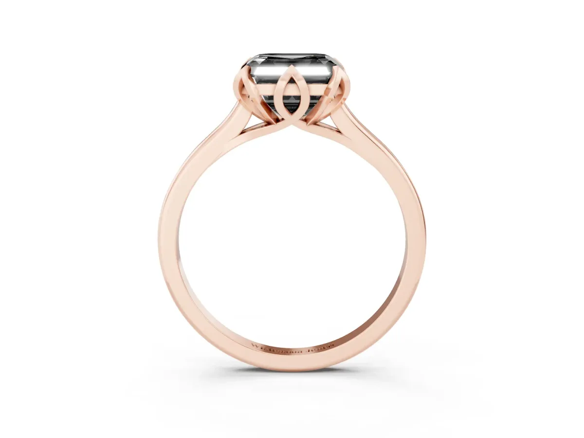 Fancy Black Asscher Cut Diamond Solitaire Ring with Flower Prong Setting and Classic Band Rose gold