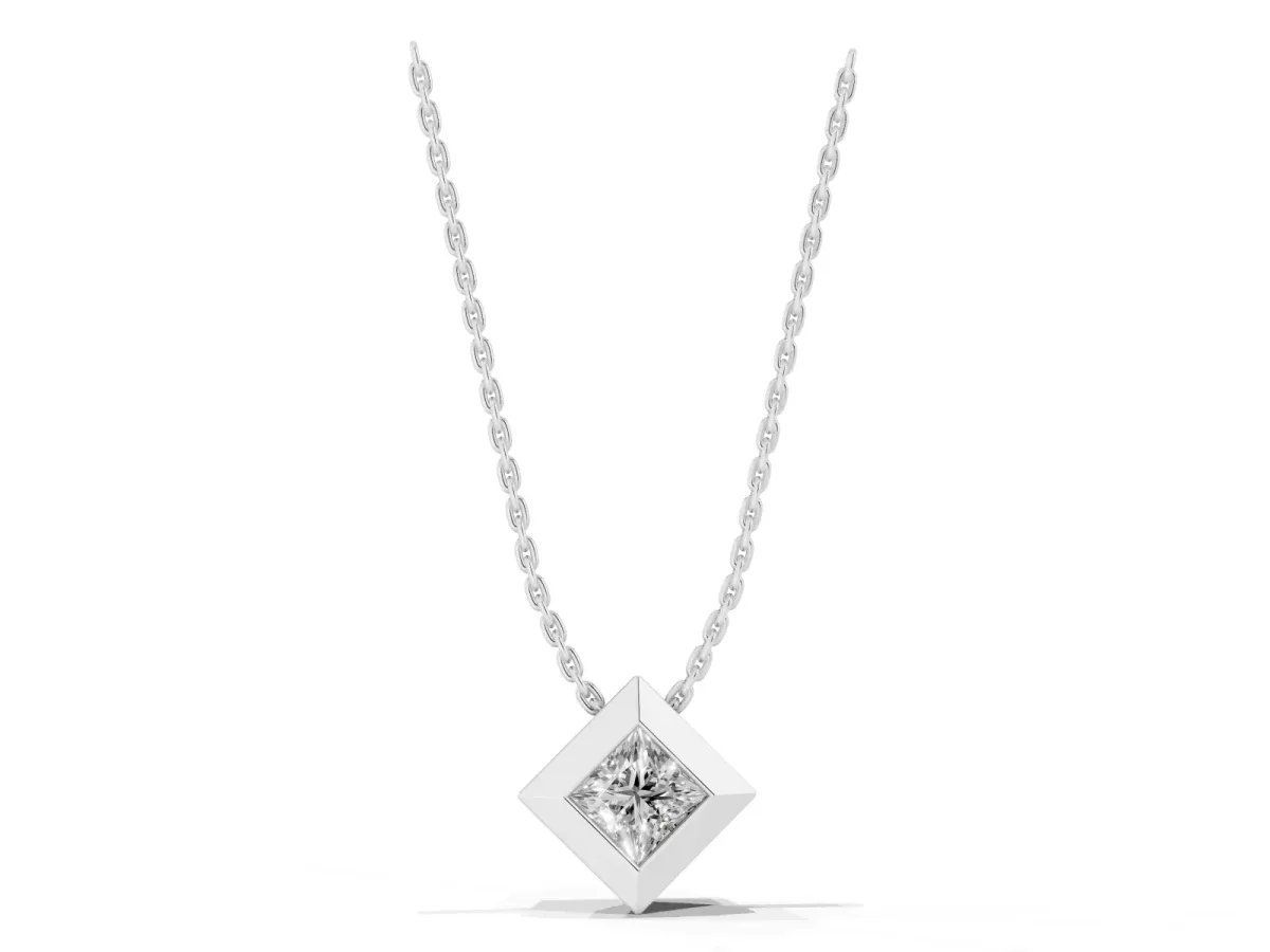 Bezel Princess Cut Diamond Pendant Silver