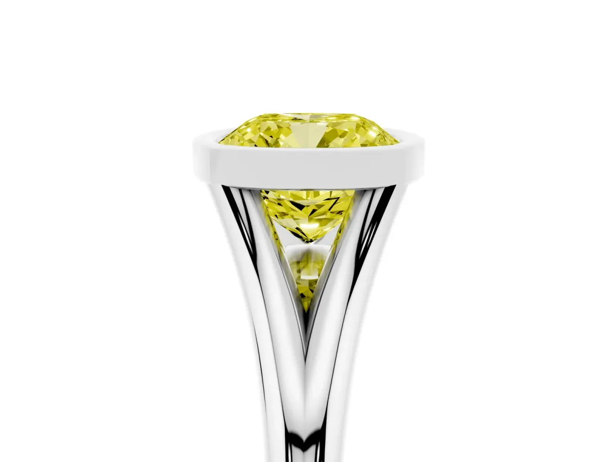 Fancy Yellow Bezel Set Cushion Cut Cut Solitaire Ring with Tapered Band White gold