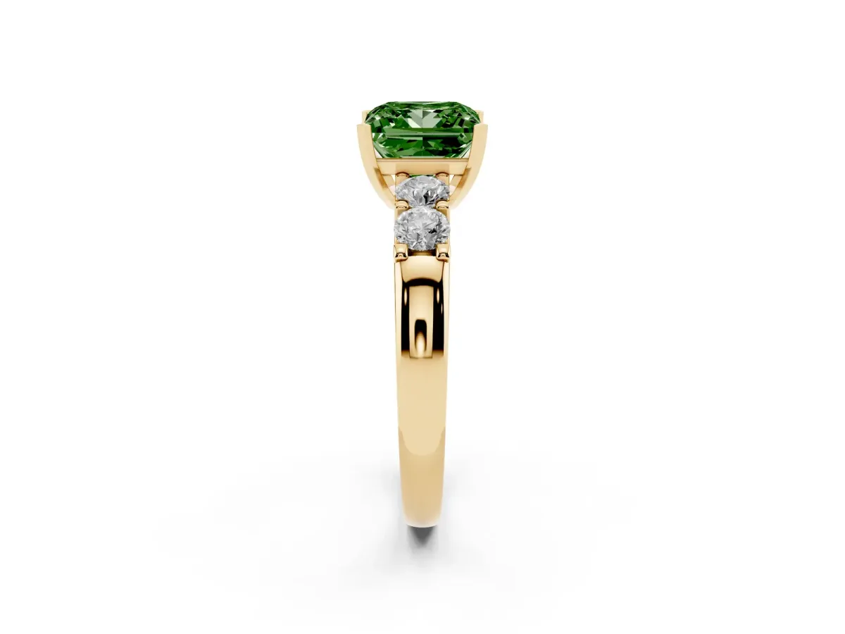 Fancy Green Princess Cut Brilliant Cut Diamond Five-Stone Prong Set Engagement Ring with Channel Band Yellow gold