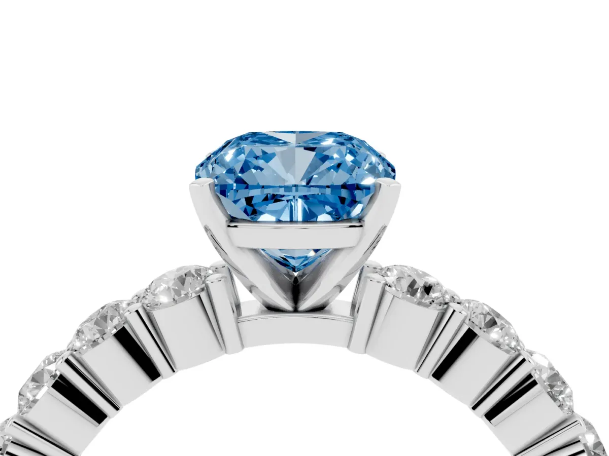 Fancy Blue Cushion Cut Diamond Solitaire Ring with Shared Prong Round Side Stones Platinum