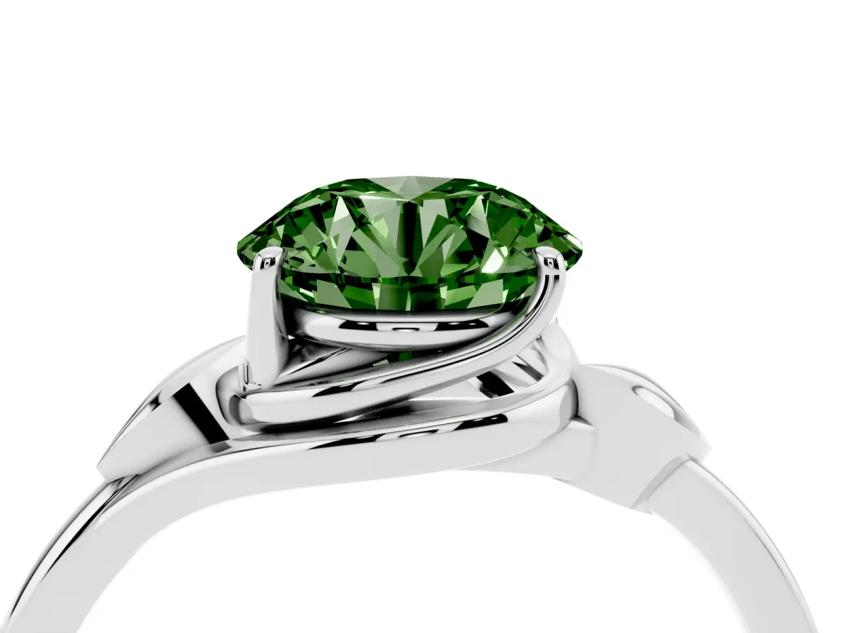 Fancy Green Round Cut Diamond Solitaire Ring with Twist Band and Four-Prong Setting Silver
