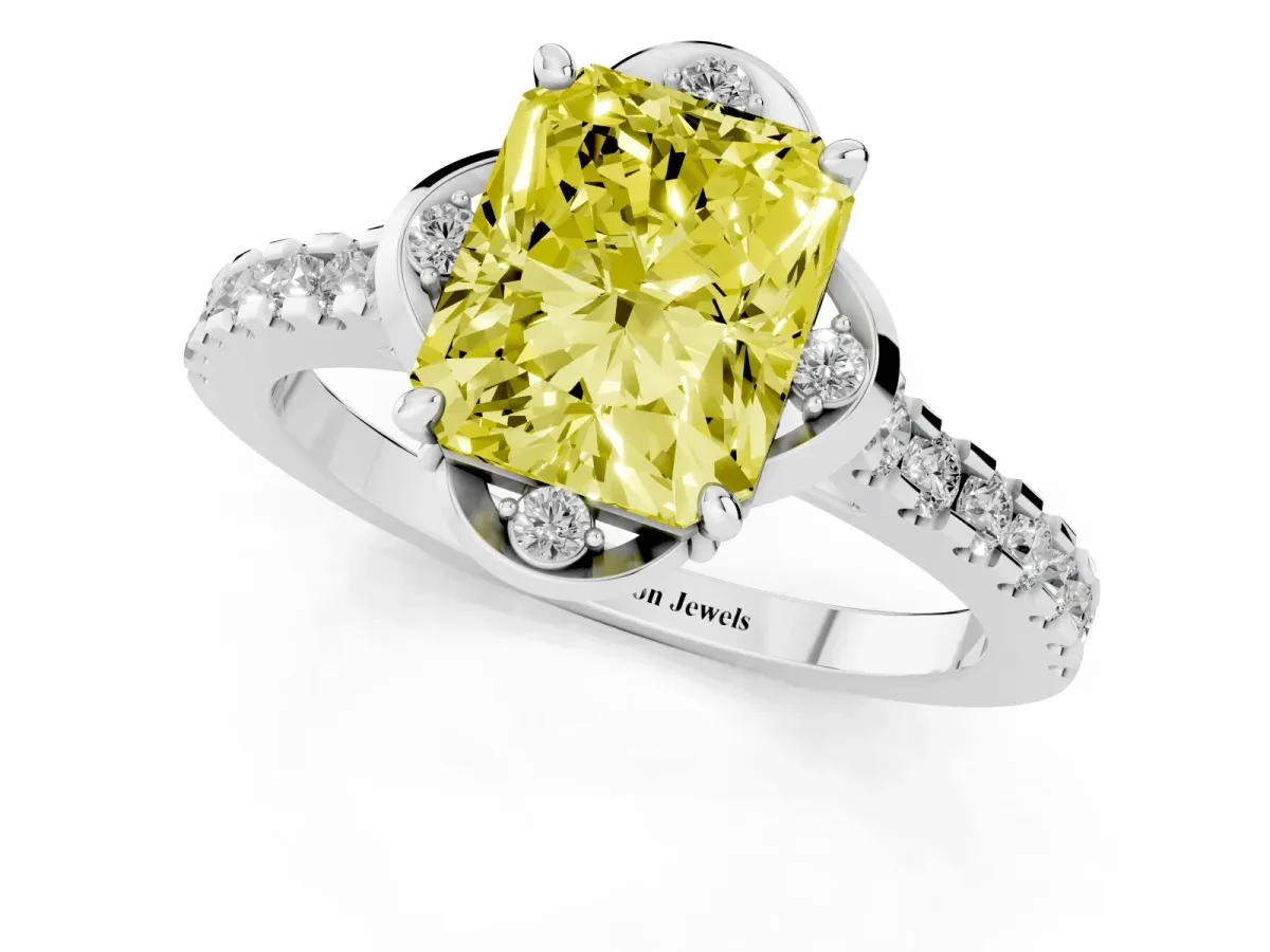 Fancy Yellow Radiant Cut Diamond Ring with Pavé Band and Floral Prong Setting White gold